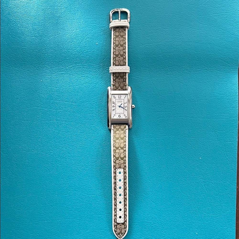 Coach Brown Monogram Stainless Steel Watch with White Leather Accents